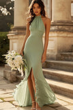 Dusty Sage Sheath Chiffon Halter Long Bridesmaid Dress with Slit